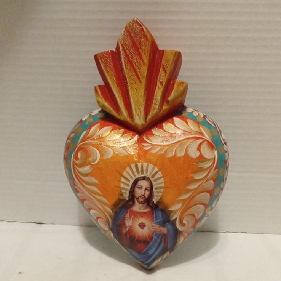 Sacred Heart Of Jesus Orange and Gold Hand PaintedWooden Heart